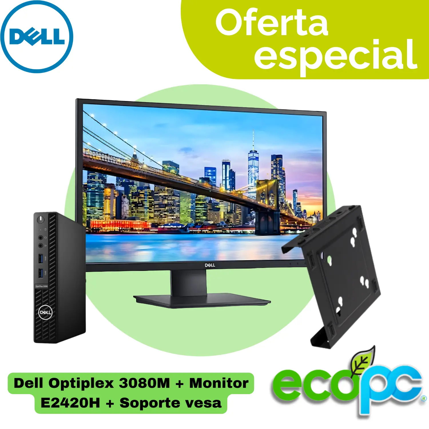 MicroPC-Dell-3080M-PROMO-VESA-MONITOR-E2420H-ECOPC MicroPC Optiplex 3080M I3 10100T + Monitor 24" Dell E2420HS + Soporte VESA - Categoría A - Imagen 1
