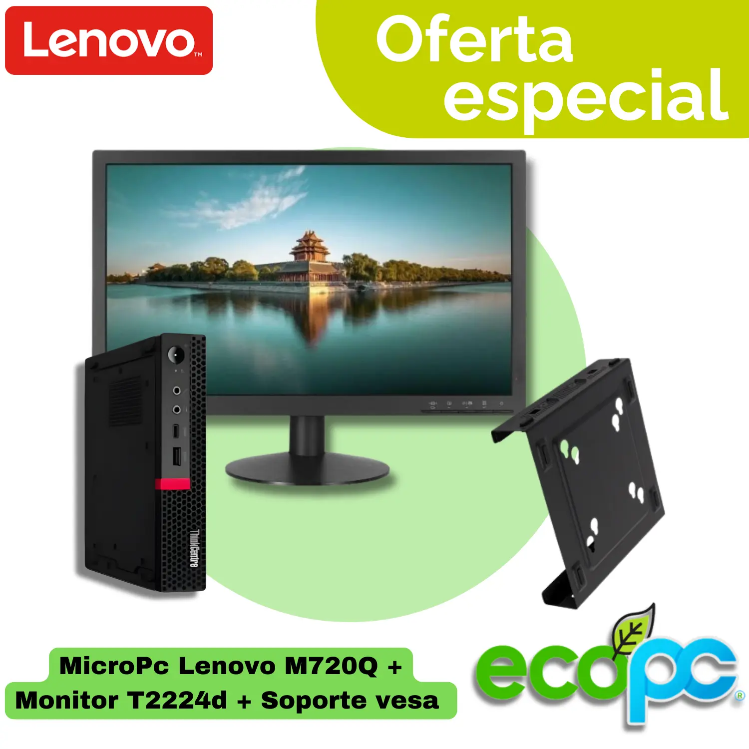 MicroPC-M720q-PROMO-VESA-MONITOR-ECOPC MicroPc Lenovo ThinkCentre M720q (Incluye Wi-Fi + Bluetooth) + Monitor 22” T2224d + Soporte VESA - Categoría A - Imagen 1