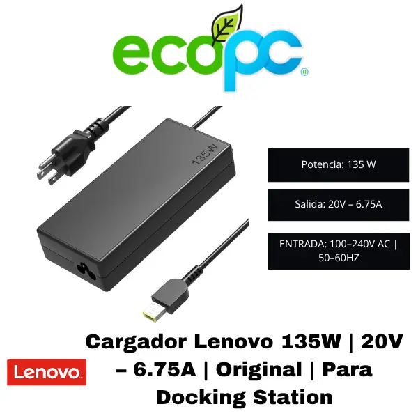 Cargador Lenovo 135W 20V – 6.75A Original Para Docking Station Cargador Lenovo 135W | 20V – 6.75A | Original | Para Docking Station - Imagen 1