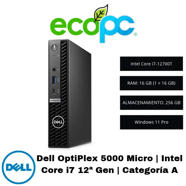 Dell OptiPlex 5000 Micro Intel Core i7 12ª Gen Categoría A Dell OptiPlex 5000 Micro | Intel Core i7 12ª Gen | 16 GB RAM | 256 GB SSD | Windows 11 Pro | Categoría A - Imagen 1